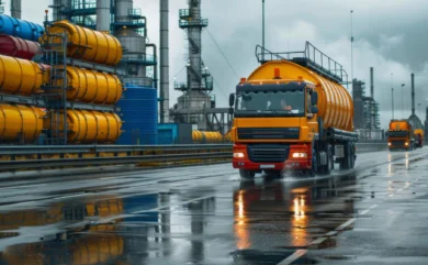 Transportation of chemical depict large secure trucks