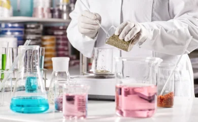 worker surrounded with glass beakers filled with colorful liquid