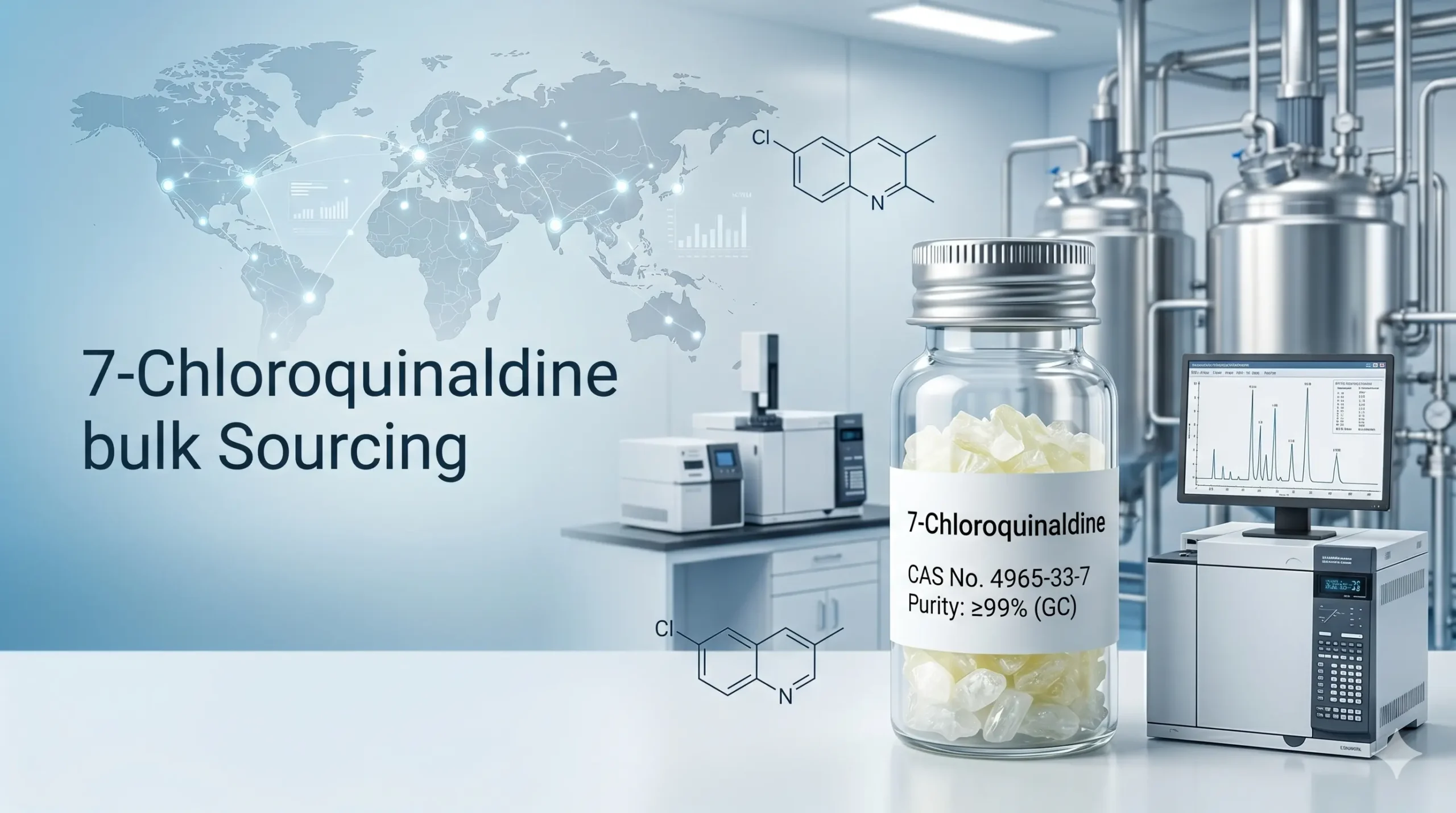 7-Chloroquinaldine vial (CAS 4965-33-7, ≥99% GC purity) with lab analysis equipment and pharma manufacturing background.
