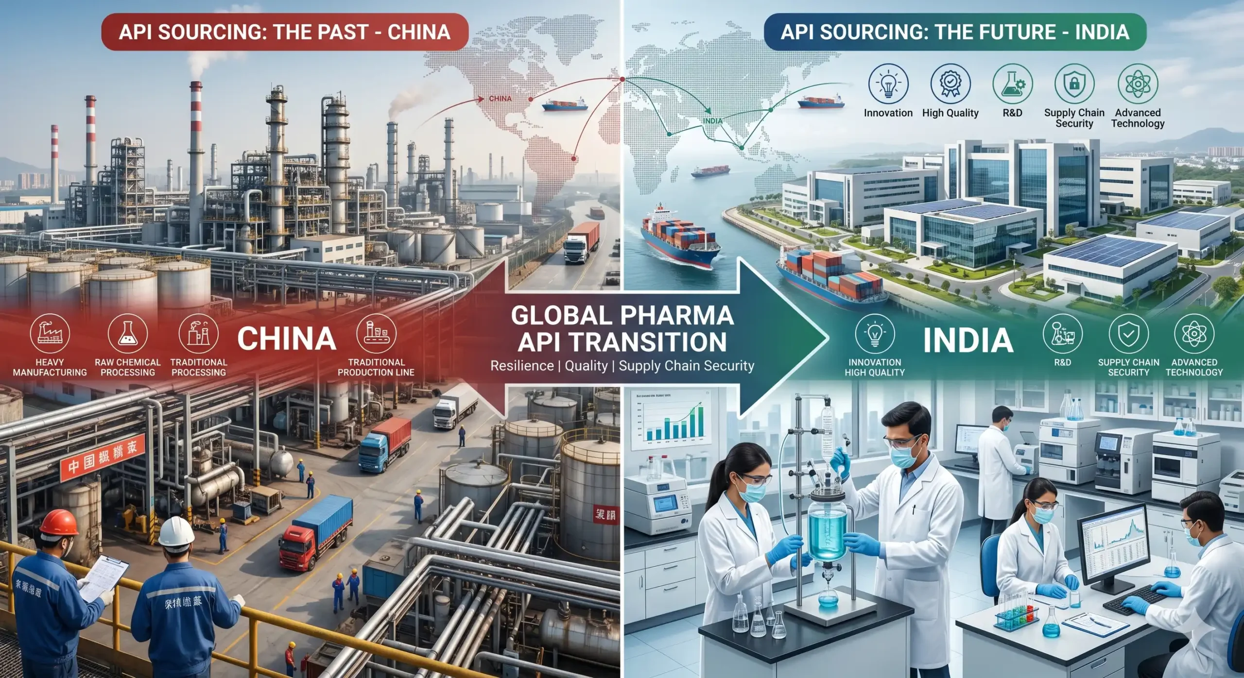 Split image depicting the shift in pharmaceutical API sourcing from China to India