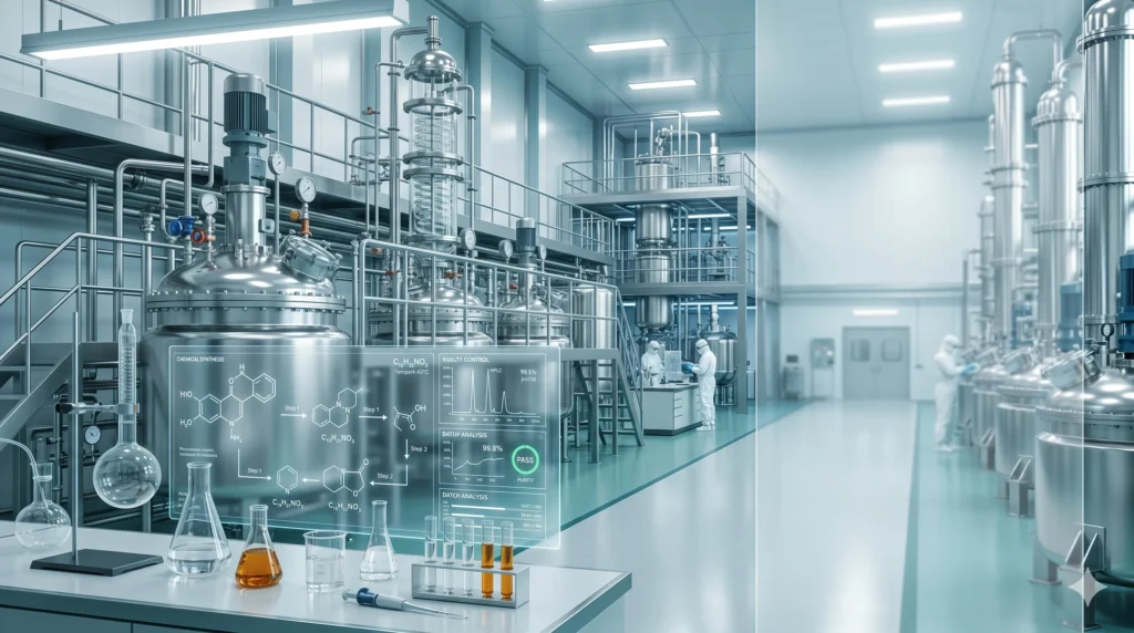 Pharmaceutical API and bulk drug intermediates manufacturing facility with stainless steel reactors and laboratory equipment