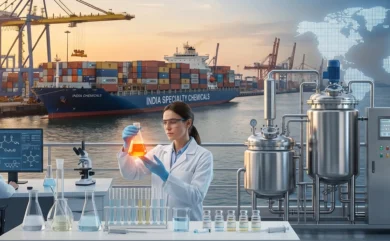 Modern specialty chemical manufacturing facility in India with scientists, industrial reactors, laboratory testing equipment, and export logistics representing global chemical exports.