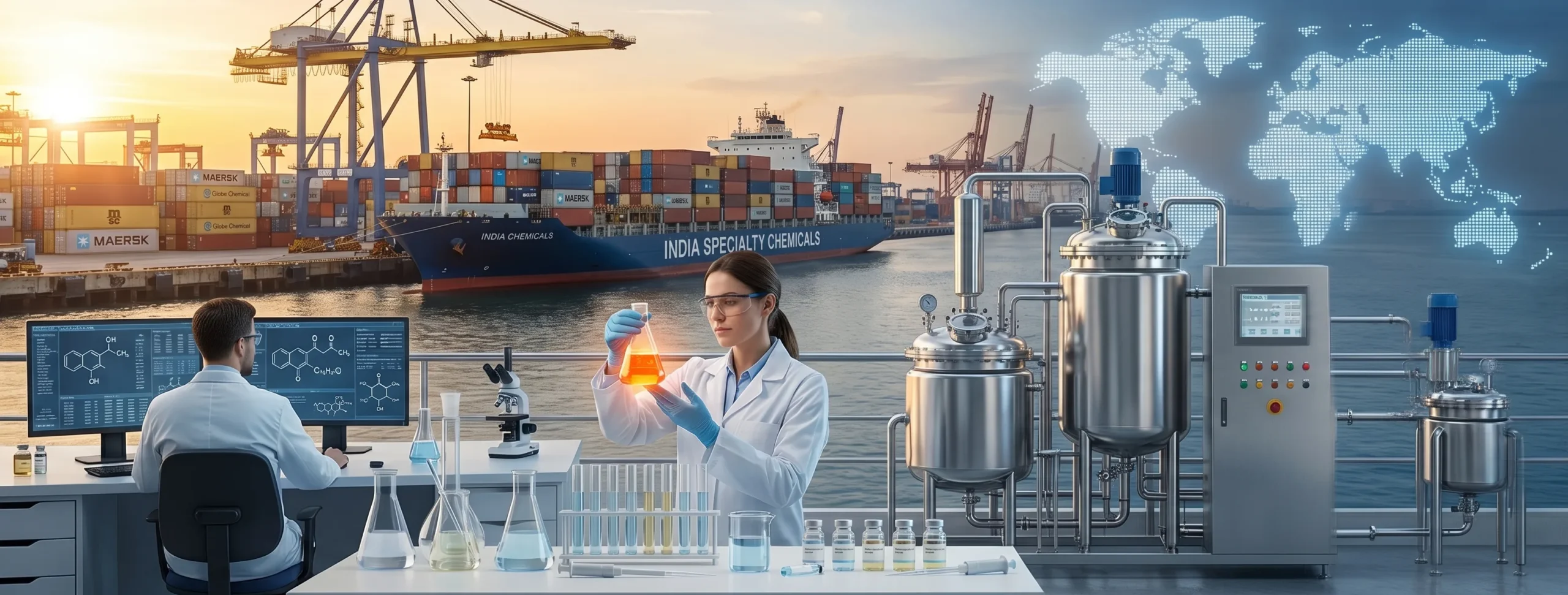 Modern specialty chemical manufacturing facility in India with scientists, industrial reactors, laboratory testing equipment, and export logistics representing global chemical exports.