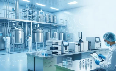 **Alt Text:** Scientist inspecting pharmaceutical intermediates in a modern pharmaceutical manufacturing facility in India with laboratory testing and chemical processing equipment.