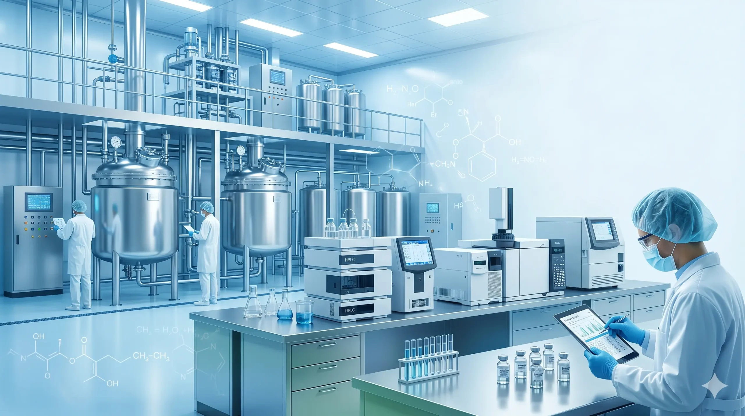**Alt Text:** Scientist inspecting pharmaceutical intermediates in a modern pharmaceutical manufacturing facility in India with laboratory testing and chemical processing equipment.
