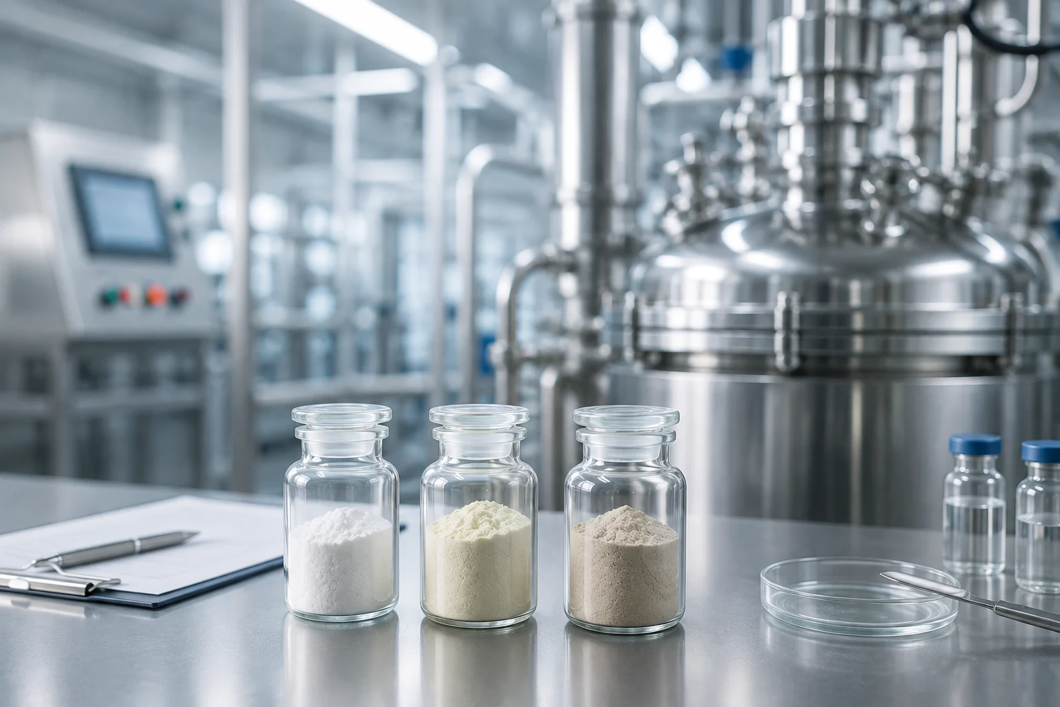 Pharmaceutical intermediate manufacturing facility with laboratory vials and stainless steel processing equipment.