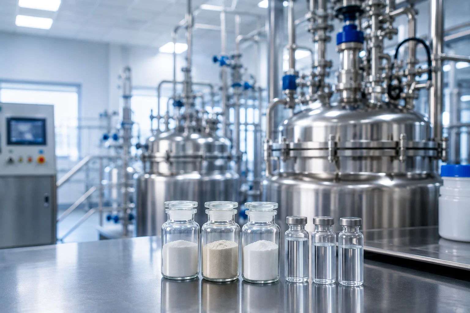 Pharmaceutical intermediate manufacturing facility with glass sample containers and stainless-steel processing reactors.