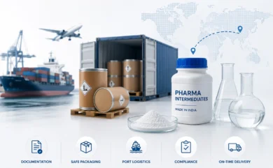 Pharmaceutical intermediates import logistics showing export documentation, safe packaging, port logistics, compliance, and on-time delivery from India.