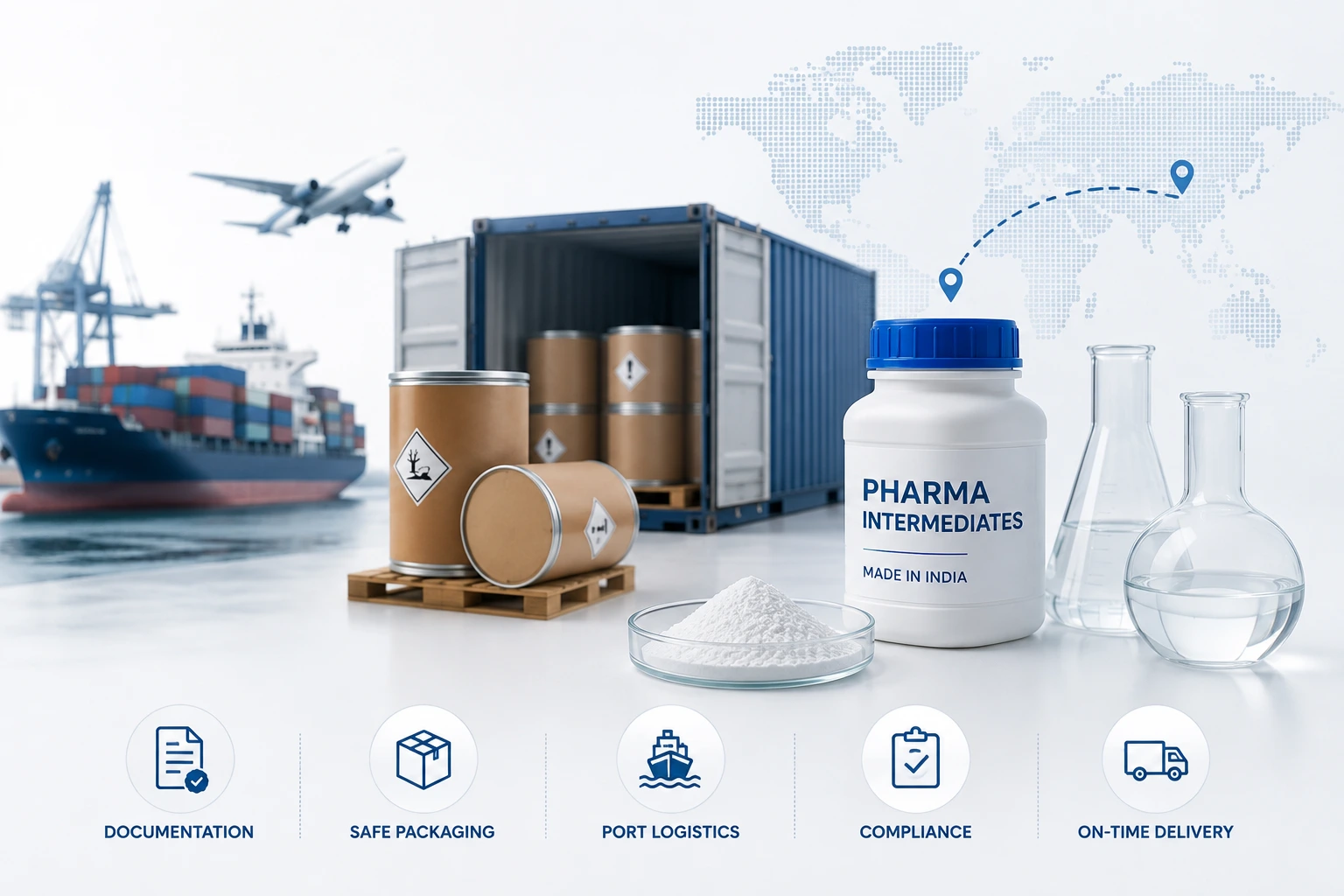 Pharmaceutical intermediates import logistics showing export documentation, safe packaging, port logistics, compliance, and on-time delivery from India.